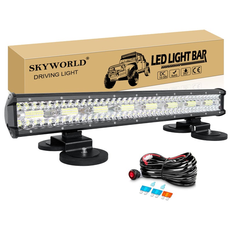 SKYWORLD 23 inch 480W 8D Driving LED Light Bar with 12V Wiring Harness Cable Kit 2pcs Strong Magnetic Bracket Mount Holder for Car Off road Truck SUV ATV 4x4 Fog Lights 6000K White